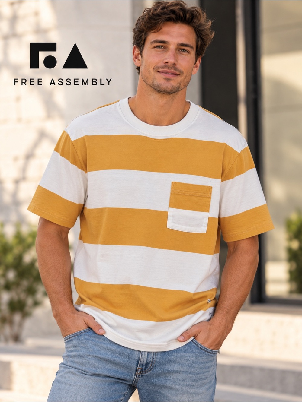 Free Assembly Men's Cotton Bold Stripe Pocket T-Shirt White Gold Size S